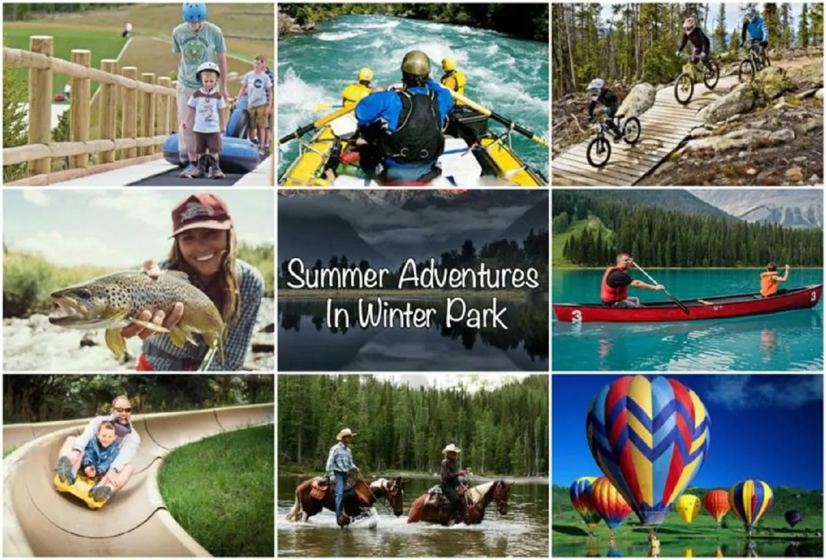 This vibrant image features a variety of summer activities, including children playing on a slide, families rafting on a river, biking along scenic trails, fishing, kayaking, horseback riding, and even a colorful hot air balloon ride. The lush green landscape and clear blue sky evoke a sense of fun, family bonding, and adventure.