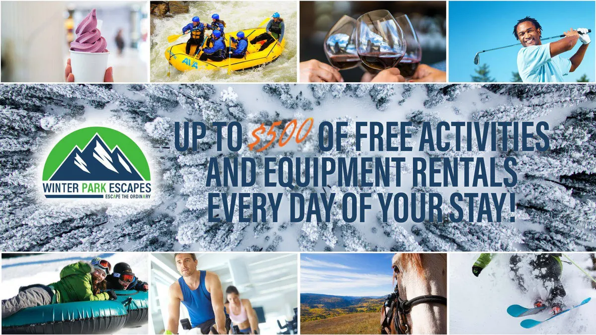 A dynamic collage-style interior shot capturing guests embarking on various adventures: white-water rafting, wine tasting, golfing, snow activities, and horseback riding. The images convey a sense of excitement and immersion, with people fully engaged in memorable experiences, both in winter and summer settings.