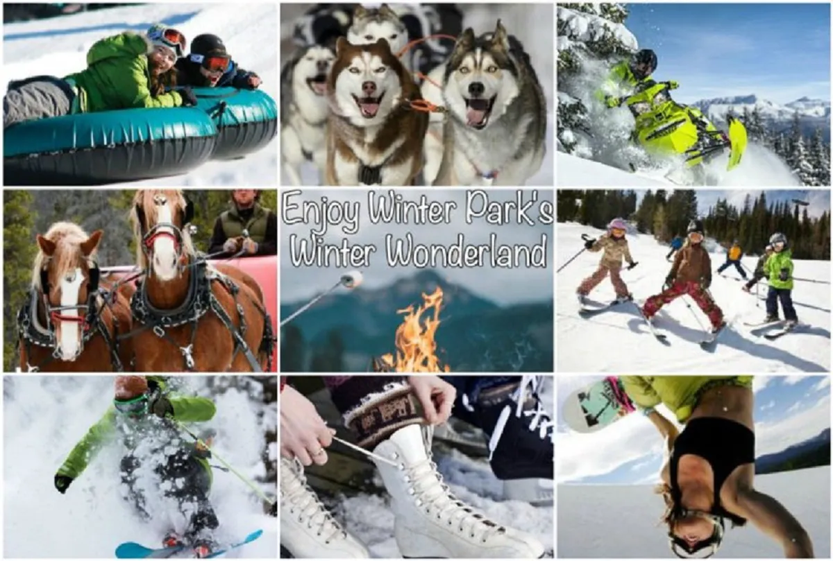 A vibrant collage of winter activities including snow tubing, dog sledding, skiing, snowboarding, fire pit gatherings, and horse-drawn sleigh rides. The image radiates a sense of communal fun and adventure.