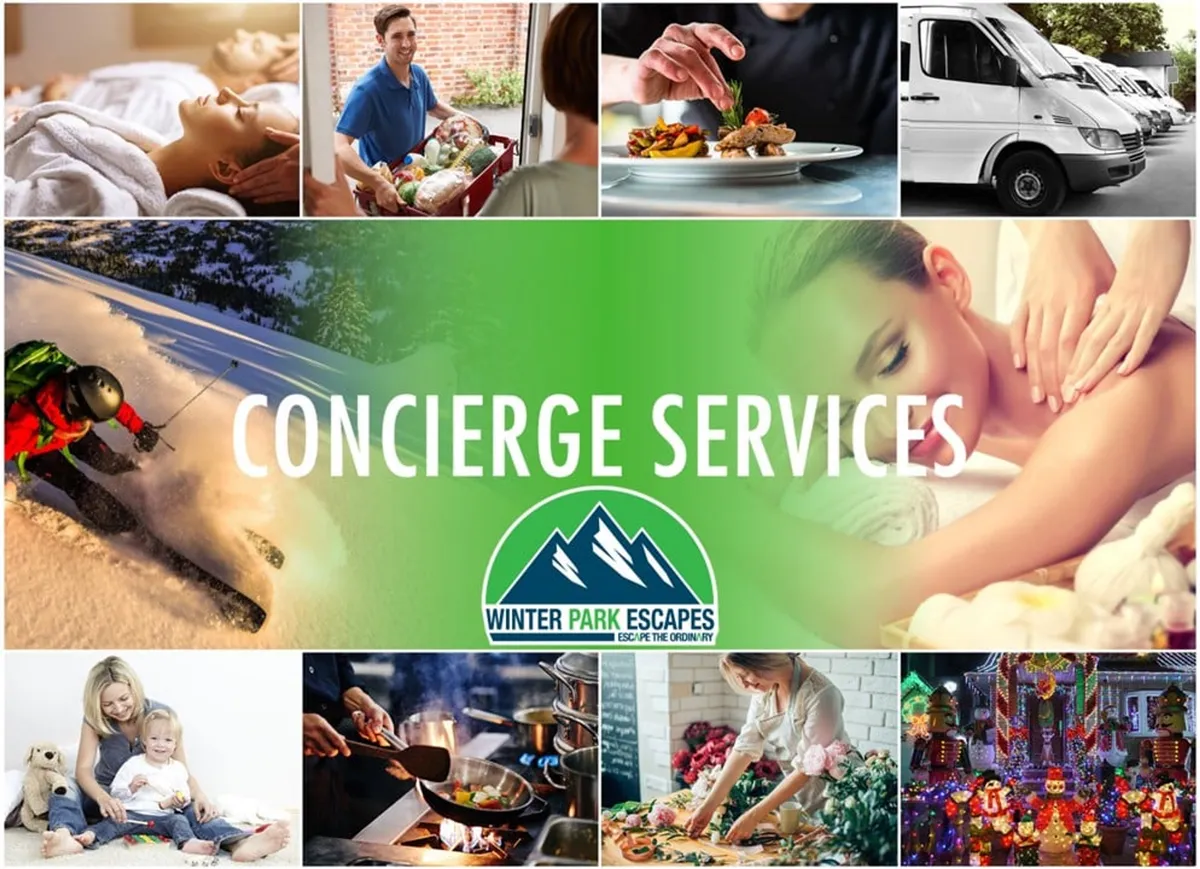 A collage-style image showcasing a variety of luxury and concierge experiences, including skiing, spa services, gourmet food delivery, family activities, and event planning. The image features people enjoying these upscale amenities, all set in welcoming, well-appointed environments.